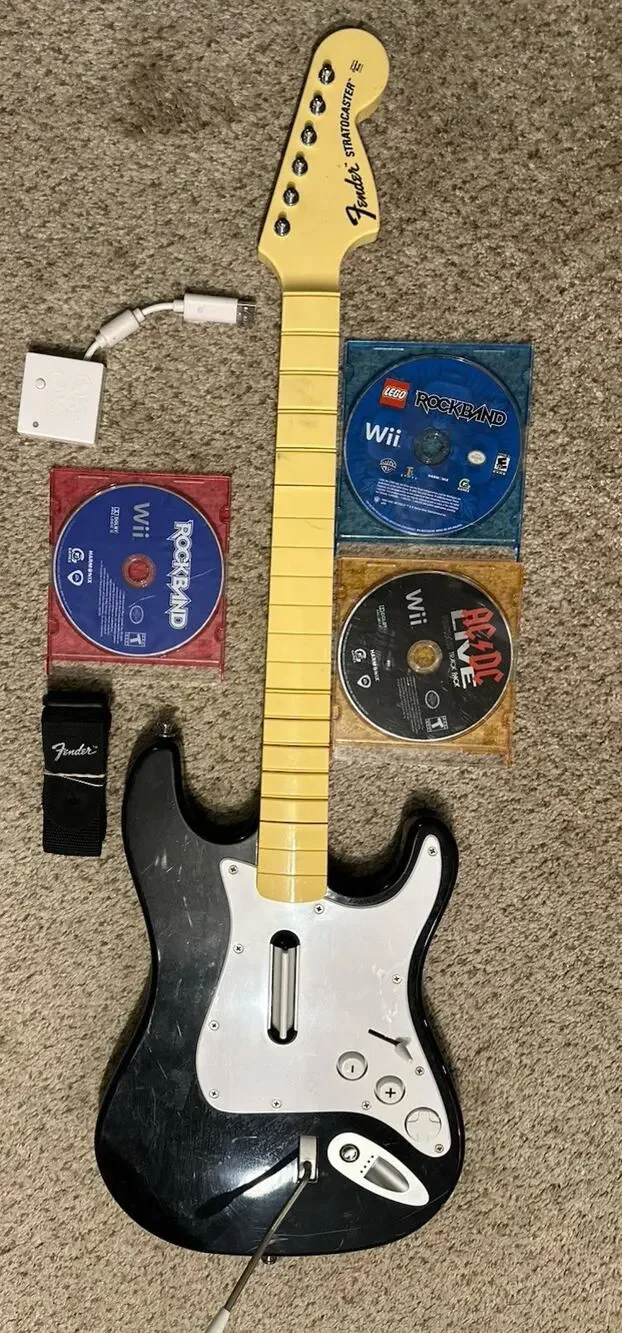 Nintendo Wii Rock Band Guitar w Dongle Strap 2 Games RockBand Lego AC/DC Tested